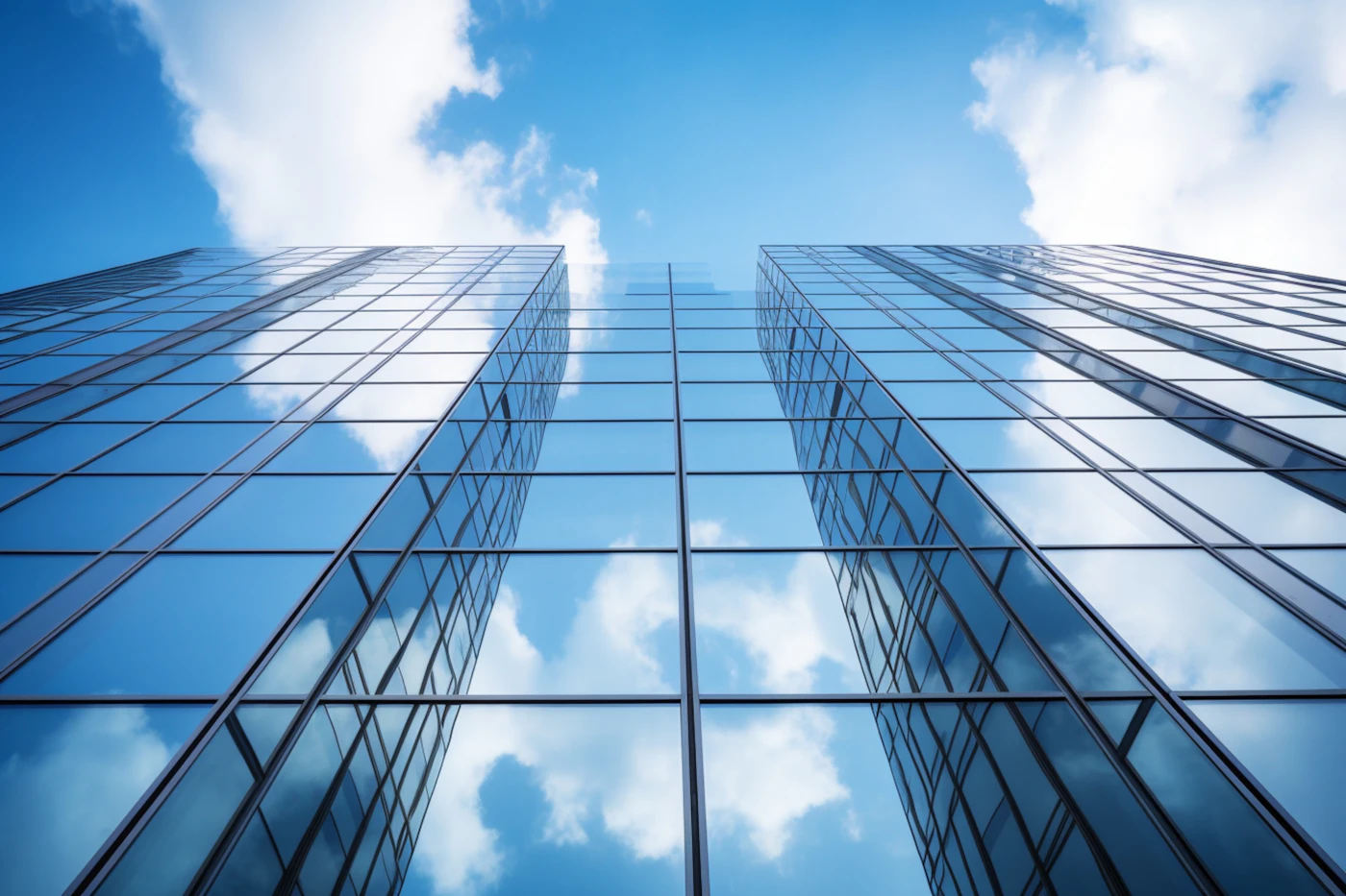 The blue glass windows of a modern office block seen close up