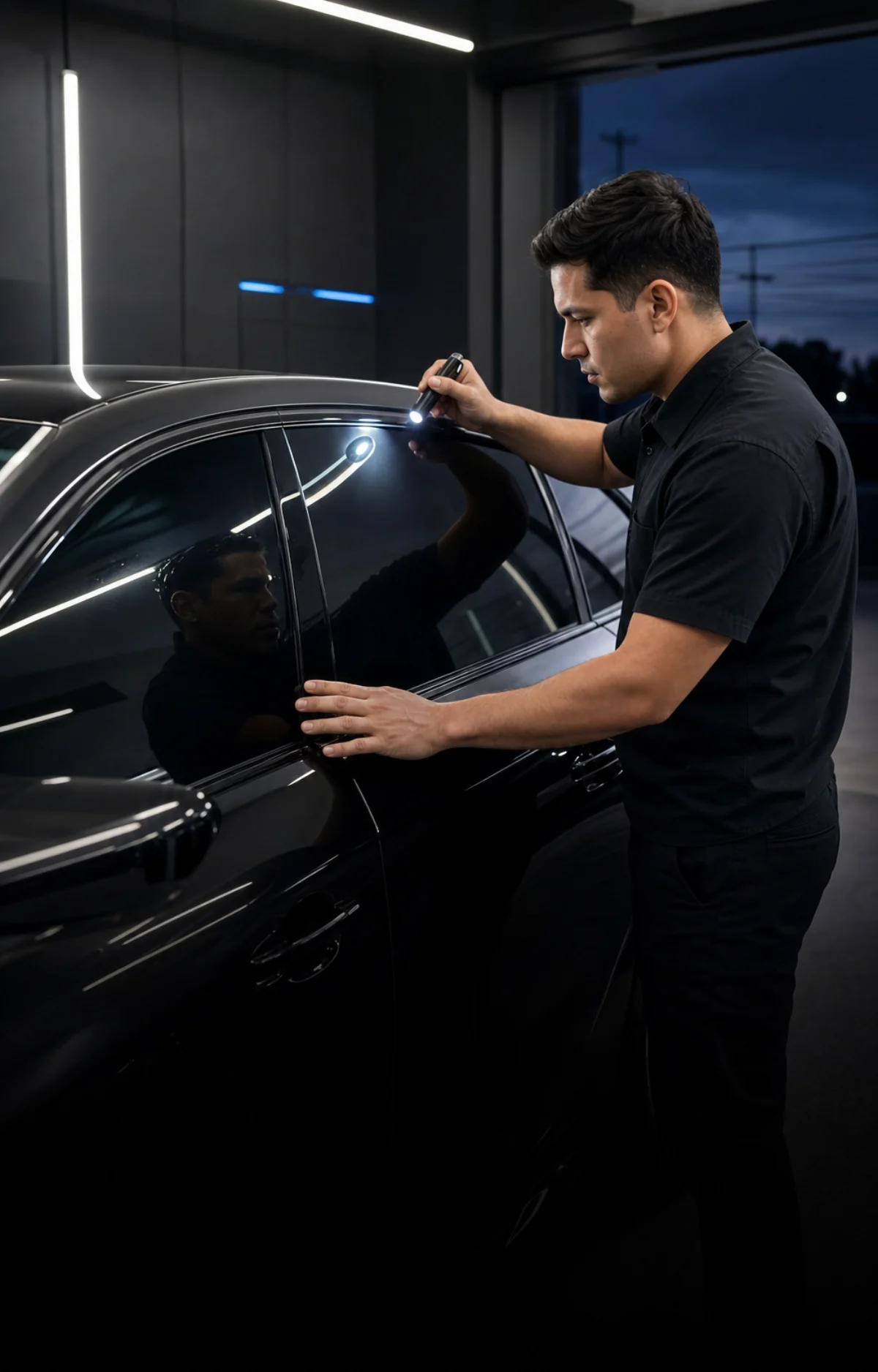 An installer checking a finished window under a handheld inspection light
